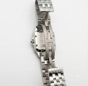 Cartier Panthère de Cartier women's quartz watch, blue sunray dial, silver stainless steel bracelet – side clasp view