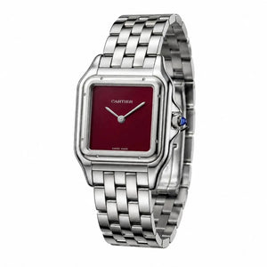 Cartier Panthère de Cartier women's quartz watch, burgundy dial, silver stainless steel bracelet – angle view