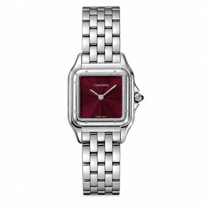 Cartier Panthère de Cartier women's quartz watch, burgundy dial, silver stainless steel bracelet – front view