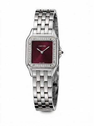 Cartier Panthère de Cartier women's quartz watch, burgundy dial, stone-set bezel, silver stainless steel bracelet – front view