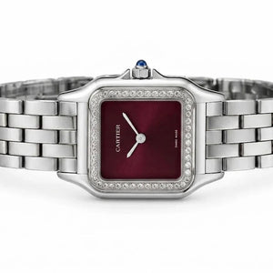 Cartier Panthère de Cartier women's quartz watch, burgundy dial, stone-set bezel, silver stainless steel bracelet – side view