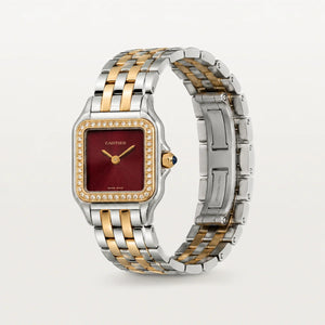 Cartier Panthère de Cartier women's quartz watch, burgundy dial, stone-set bezel, two-tone stainless steel bracelet – angle view