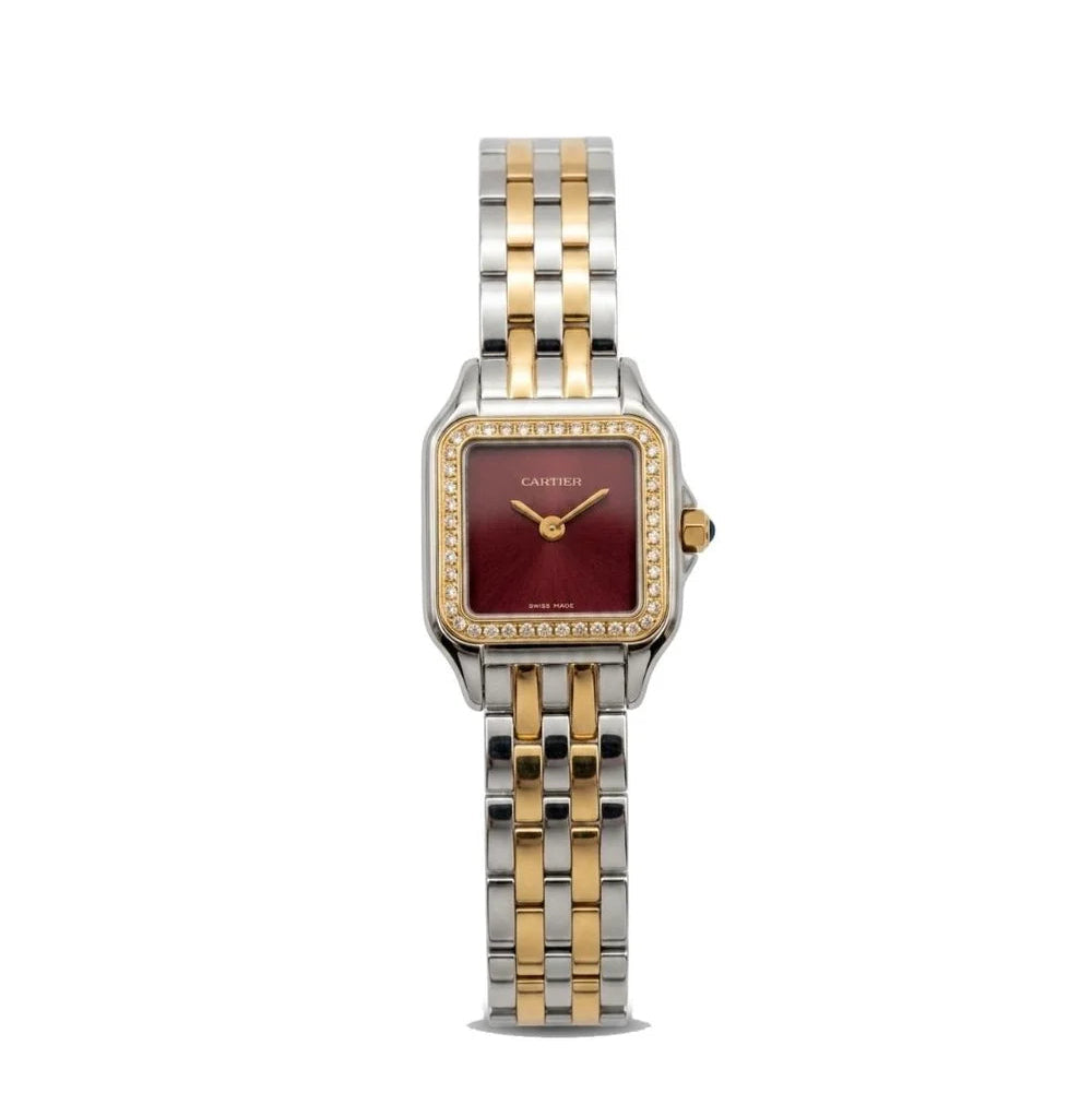 Cartier Panthère de Cartier women's quartz watch, burgundy dial, stone-set bezel, two-tone stainless steel bracelet – full front view