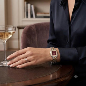 Cartier Panthère de Cartier women's quartz watch, burgundy dial, stone-set bezel, two-tone stainless steel bracelet – lifestyle wrist view