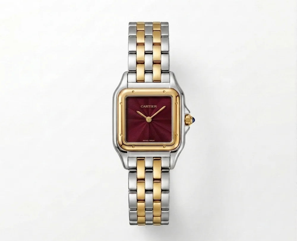 Cartier Panthère de Cartier women's quartz watch, burgundy sunray dial, two-tone stainless steel bracelet – full front view