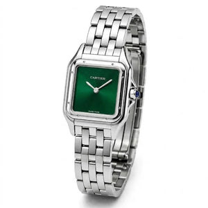 Cartier Panthère de Cartier women's quartz watch, green dial, silver stainless steel bracelet – angle view