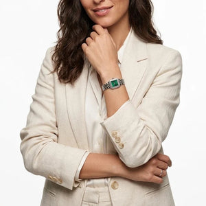 Cartier Panthère de Cartier women's quartz watch, green dial, silver stainless steel bracelet – on-wrist lifestyle view