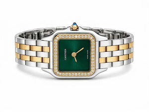 Cartier Panthère de Cartier women's quartz watch, green dial, stone-set bezel, two-tone stainless steel bracelet – side view