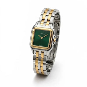 Cartier Panthère de Cartier women's quartz watch, green dial, two-tone stainless steel bracelet – angle view