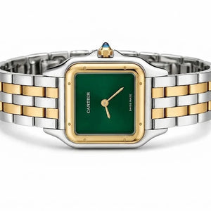 Cartier Panthère de Cartier women's quartz watch, green dial, two-tone stainless steel bracelet – side view