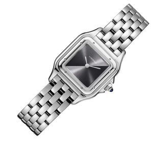 Cartier Panthère de Cartier women's quartz watch, grey dial, silver stainless steel bracelet – angle close-up