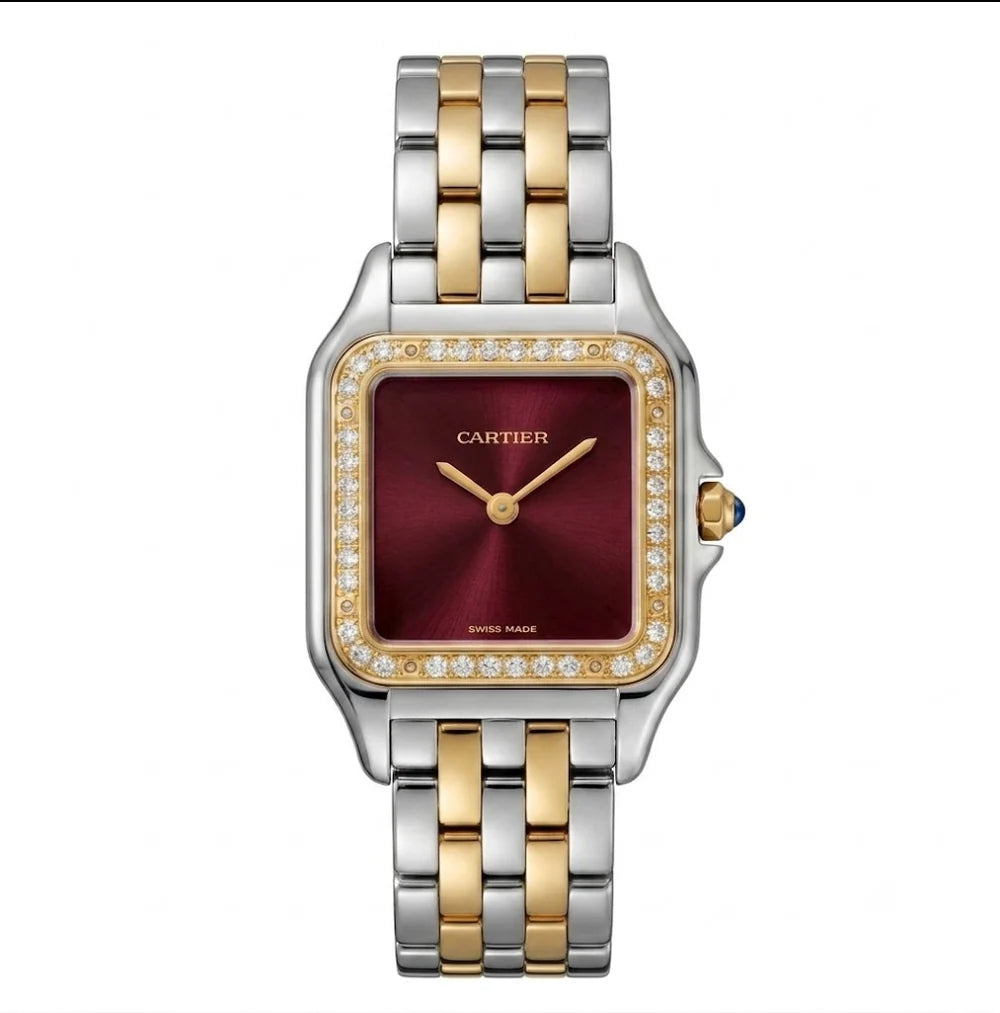 Cartier Panthère de Cartier women's quartz watch, large model case, burgundy dial, stone-set bezel, two-tone stainless steel bracelet – full front view
