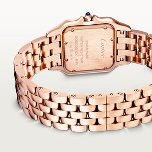 Cartier Panthère de Cartier women's quartz watch, medium model case, silver dial, rose gold-tone bracelet – caseback bracelet view