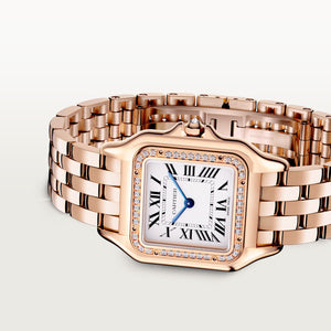 Cartier Panthère de Cartier women's quartz watch, medium model case, silver dial, stone-set bezel, rose gold-tone bracelet – angle view