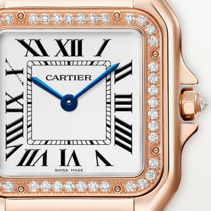 Cartier Panthère de Cartier women's quartz watch, medium model case, silver dial, stone-set bezel, rose gold-tone bracelet – dial close-up