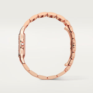 Cartier Panthère de Cartier women's quartz watch, medium model case, silver dial, stone-set bezel, rose gold-tone bracelet – side profile view