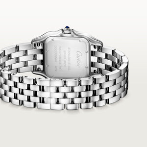 Cartier Panthère de Cartier women's quartz watch, medium model case, silver dial, stone-set bezel, silver stainless steel bracelet – caseback bracelet view