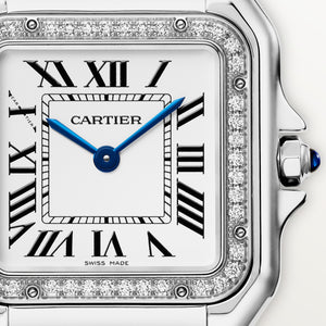 Cartier Panthère de Cartier women's quartz watch, medium model case, silver dial, stone-set bezel, silver stainless steel bracelet – dial close-up