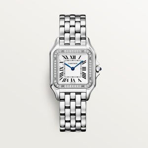 Cartier Panthère de Cartier women's quartz watch, medium model case, silver dial, stone-set bezel, silver stainless steel bracelet – front view