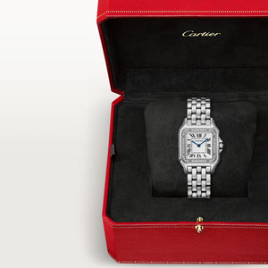 Cartier Panthère de Cartier women's quartz watch, medium model case, silver dial, stone-set bezel, silver stainless steel bracelet – presentation box view