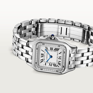 Cartier Panthère de Cartier women's quartz watch, medium model case, silver dial, stone-set bezel, silver stainless steel bracelet – side angle view