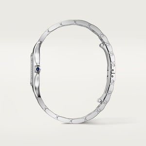 Cartier Panthère de Cartier women's quartz watch, medium model case, silver dial, stone-set bezel, silver stainless steel bracelet – side profile view
