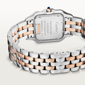 Cartier Panthère de Cartier women's quartz watch, medium model case, silver dial, stone-set bezel, two-tone stainless steel bracelet – caseback bracelet view