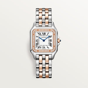 Cartier Panthère de Cartier women's quartz watch, medium model case, silver dial, stone-set bezel, two-tone stainless steel bracelet – front view
