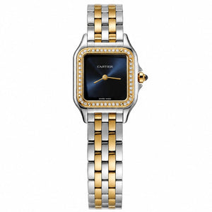 Cartier Panthère de Cartier women's quartz watch, navy blue dial, stone-set bezel, two-tone stainless steel bracelet – front view