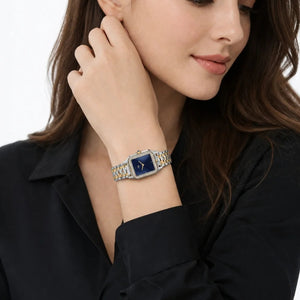 Cartier Panthère de Cartier women's quartz watch, navy blue dial, stone-set bezel, two-tone stainless steel bracelet – on-wrist lifestyle view