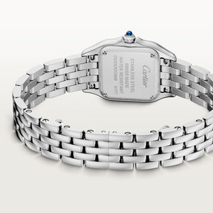 Cartier Panthère de Cartier women's quartz watch, small model case, silver dial, stone-set bezel, silver stainless steel bracelet – caseback bracelet view