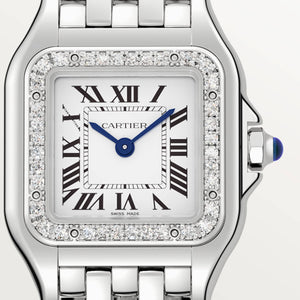 Cartier Panthère de Cartier women's quartz watch, small model case, silver dial, stone-set bezel, silver stainless steel bracelet – dial close-up