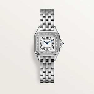 Cartier Panthère de Cartier women's quartz watch, small model case, silver dial, stone-set bezel, silver stainless steel bracelet – front view