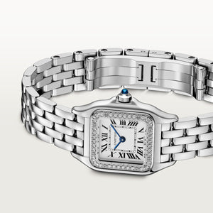Cartier Panthère de Cartier women's quartz watch, small model case, silver dial, stone-set bezel, silver stainless steel bracelet – side angle view