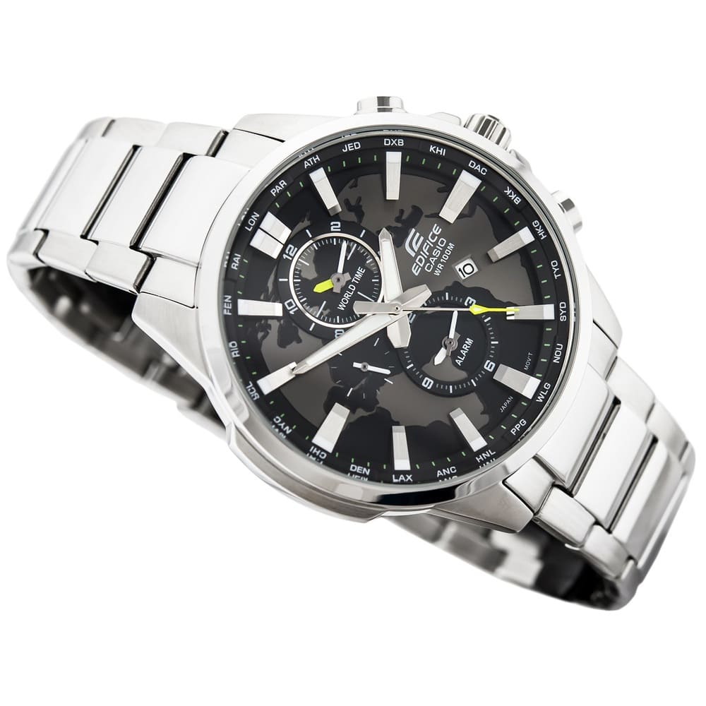 Casio Edifice EFR-303D-1AV men's world time watch, black dial, silver-tone stainless steel bracelet – detail view 1
