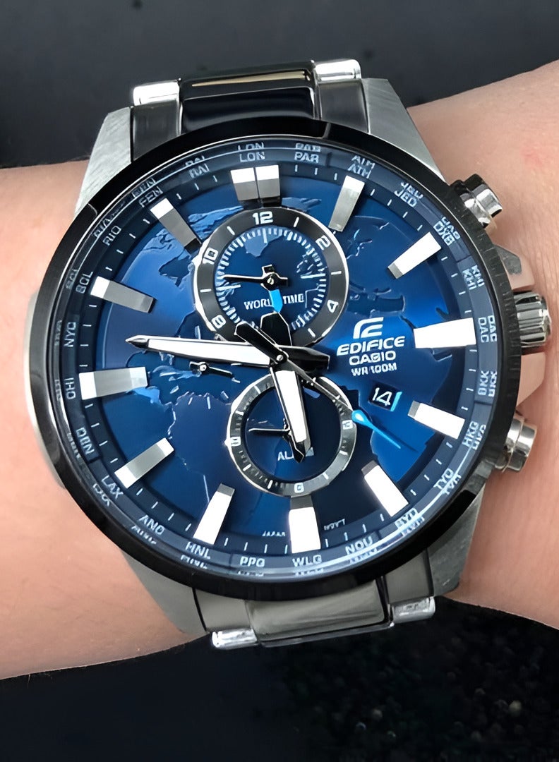 Casio Edifice EFR-303DB-2AV men's world time watch, blue dial, silver-tone stainless steel bracelet – detail view 1
