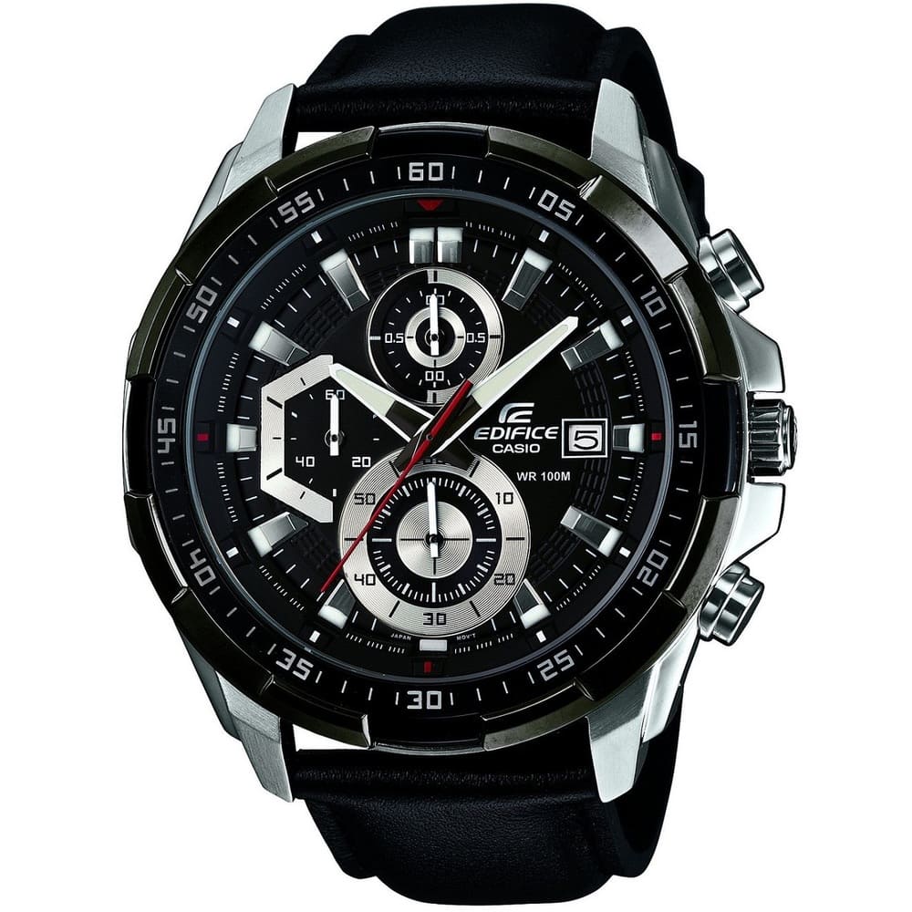 Casio Edifice EFR-539L-1AV men's chronograph watch, black dial, black leather strap – front angle view
