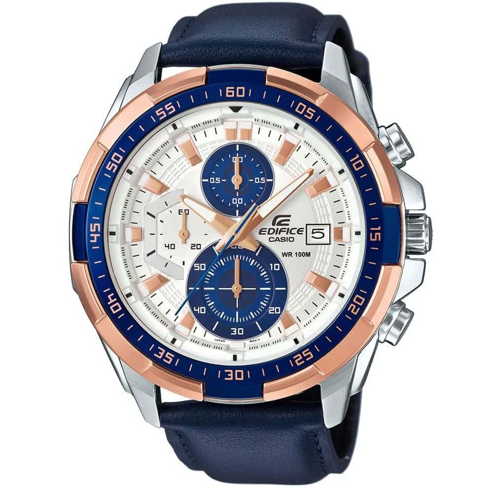 Casio Edifice EFR-539L-7CV men's chronograph watch, white dial, blue leather strap – front angle view