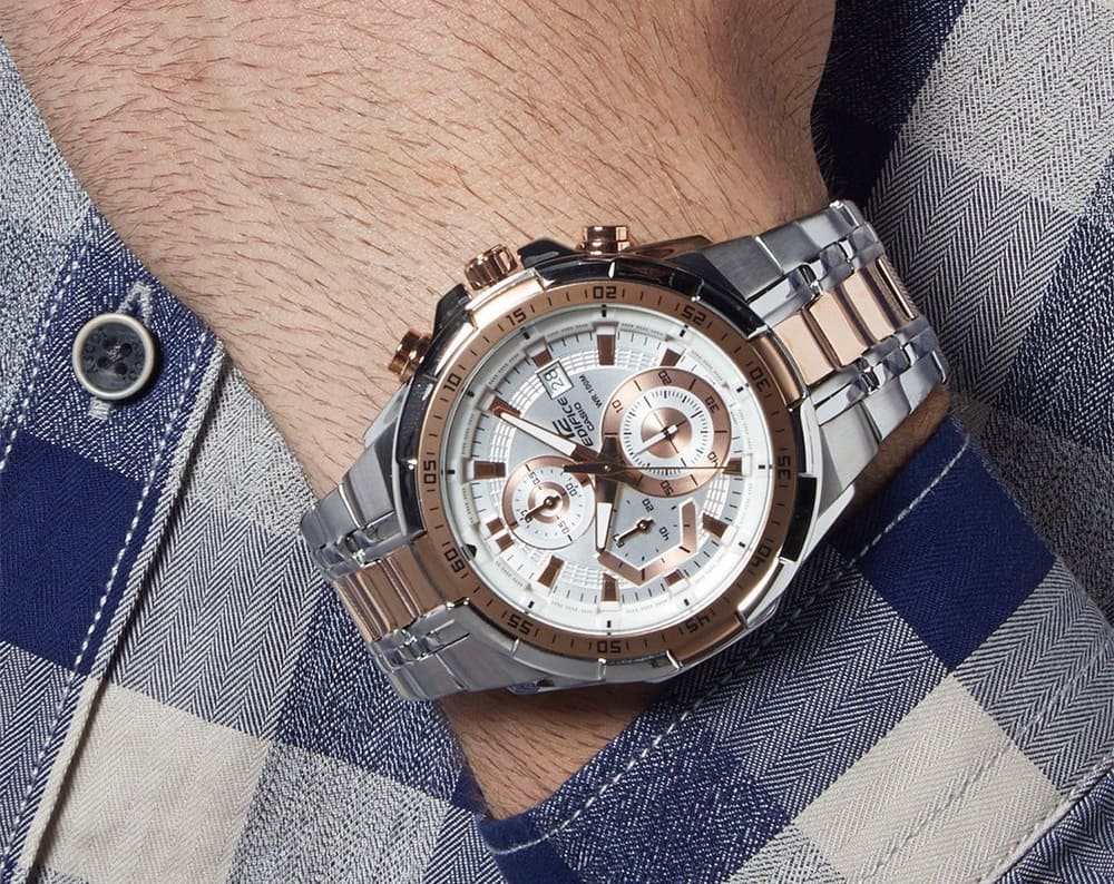 Casio Edifice EFR-539SG-7A5V men's chronograph watch, white dial, two-tone silver and rose gold-tone stainless steel bracelet – detail view 1