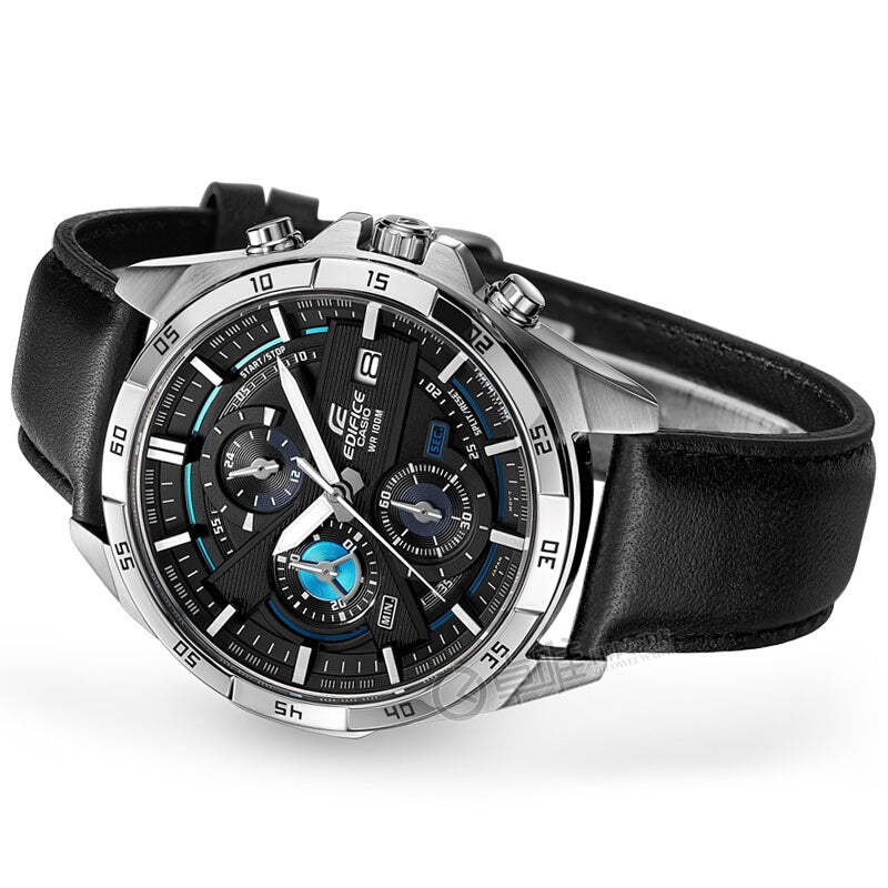 Casio Edifice EFR-556L-1AV men's chronograph watch, black dial, genuine black leather strap – detail view 1