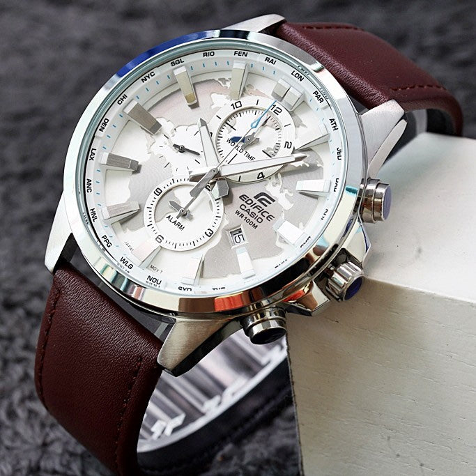 Casio Edifice EFR-556L-7AV men's chronograph watch, white dial, genuine brown leather strap – lifestyle view 1