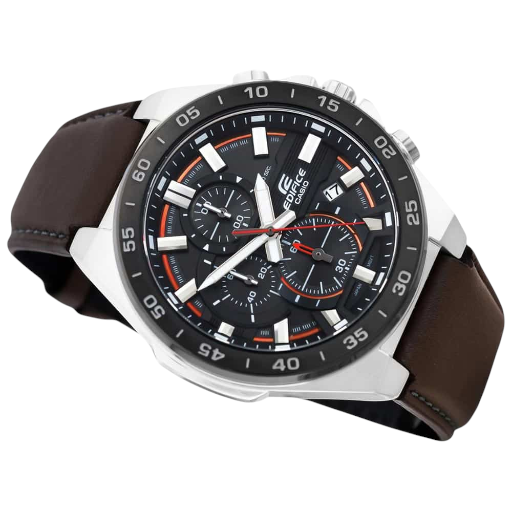 Casio Edifice EFR-564BL-5AV men's chronograph watch, black dial, genuine brown leather strap – detail view 1