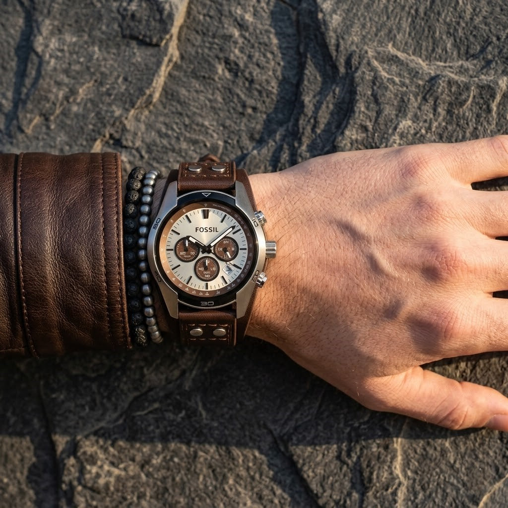 Close up shot of Fossil CH2565 on wrist showing white chronograph dial and silver details