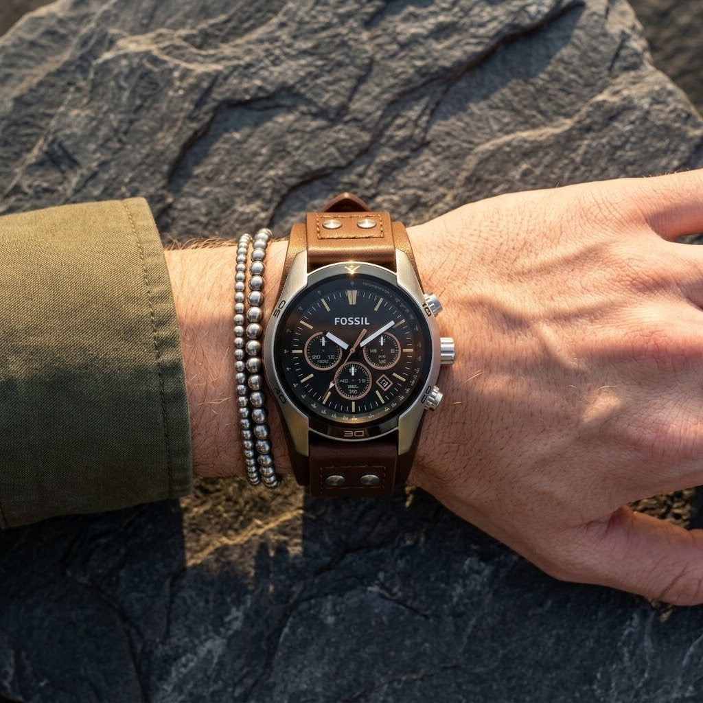 Fossil CH2891 on wrist showing black chronograph dial and silver details