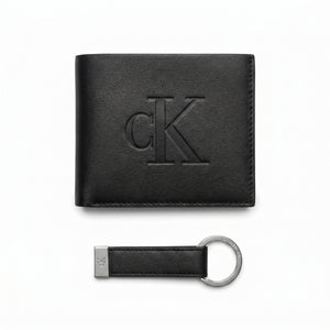 Front view of the Calvin Klein black leather wallet featuring a large embossed logo alongside the matching leather key fob