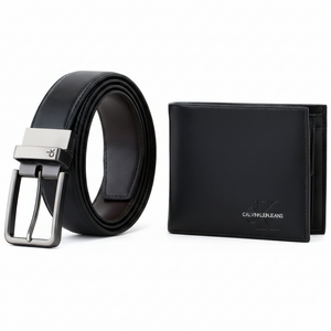 A stylish display of a Calvin Klein Jeans black leather bifold wallet and a rolled leather belt, highlighting the sleek designer look and premium materials