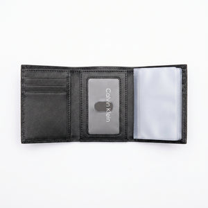 Internal view of the Calvin Klein genuine leather wallet showing premium card slots and structured currency compartments
