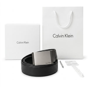 Professional standing view of the Calvin Klein mirror original reversible leather belt featuring the matte designer buckle