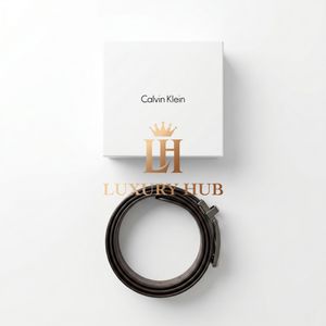 Calvin Klein double-face belt display showing both the black and brown premium leather sides