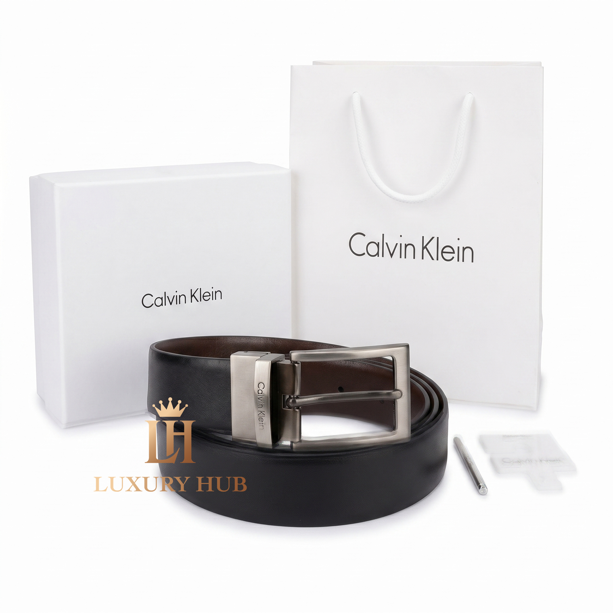 Full designer set of Calvin Klein mirror original reversible belt with luxury white gift box and branded shopping bag